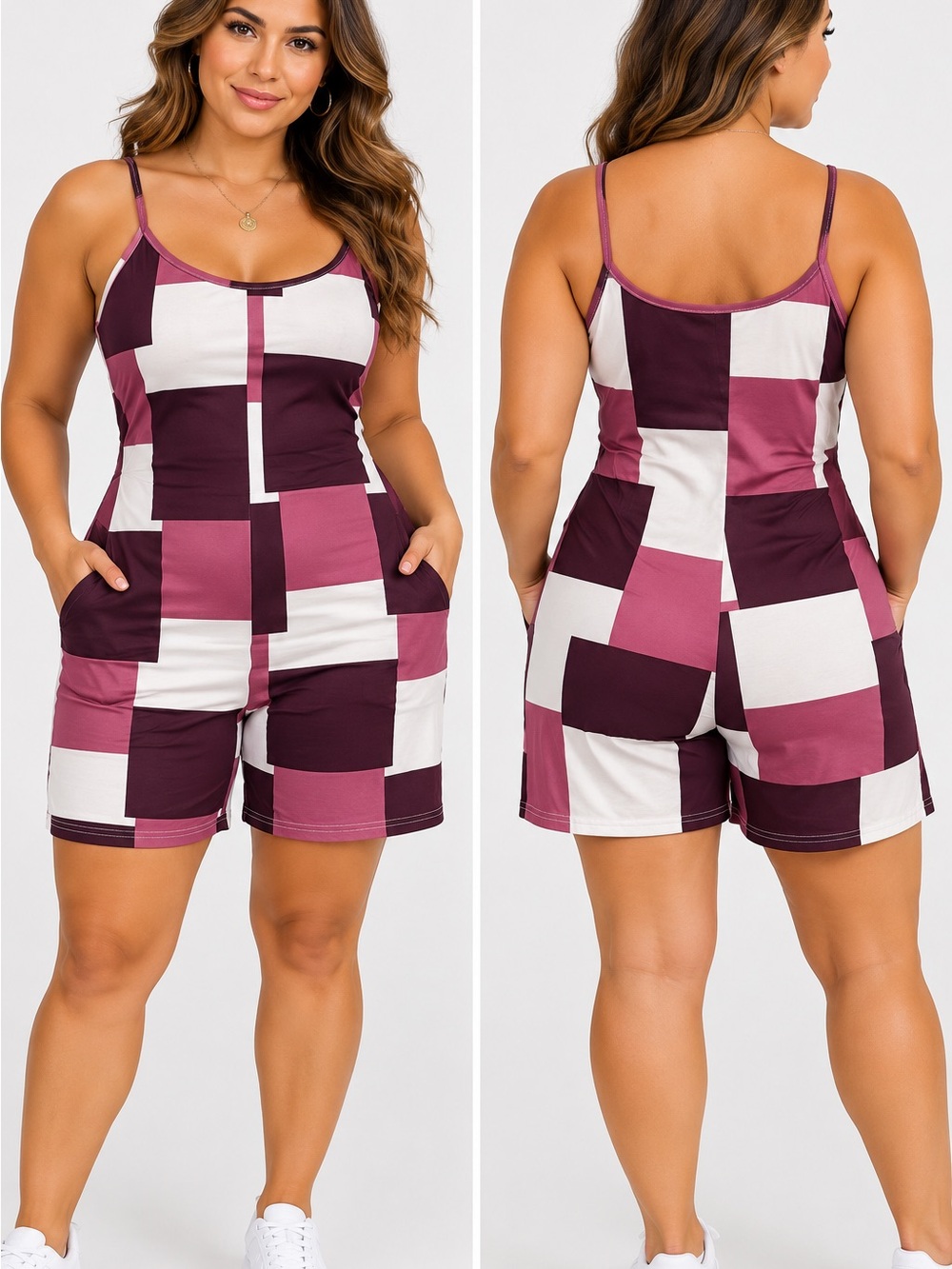 H&M Colorblock Spaghetti-Strap Romper - Plum, White